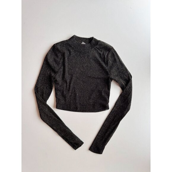 NWT LOVERS + FRIENDS Riya Black Gold Metallic Mesh Long Sleeve Crop Top, Size XS - Picture 5 of 11